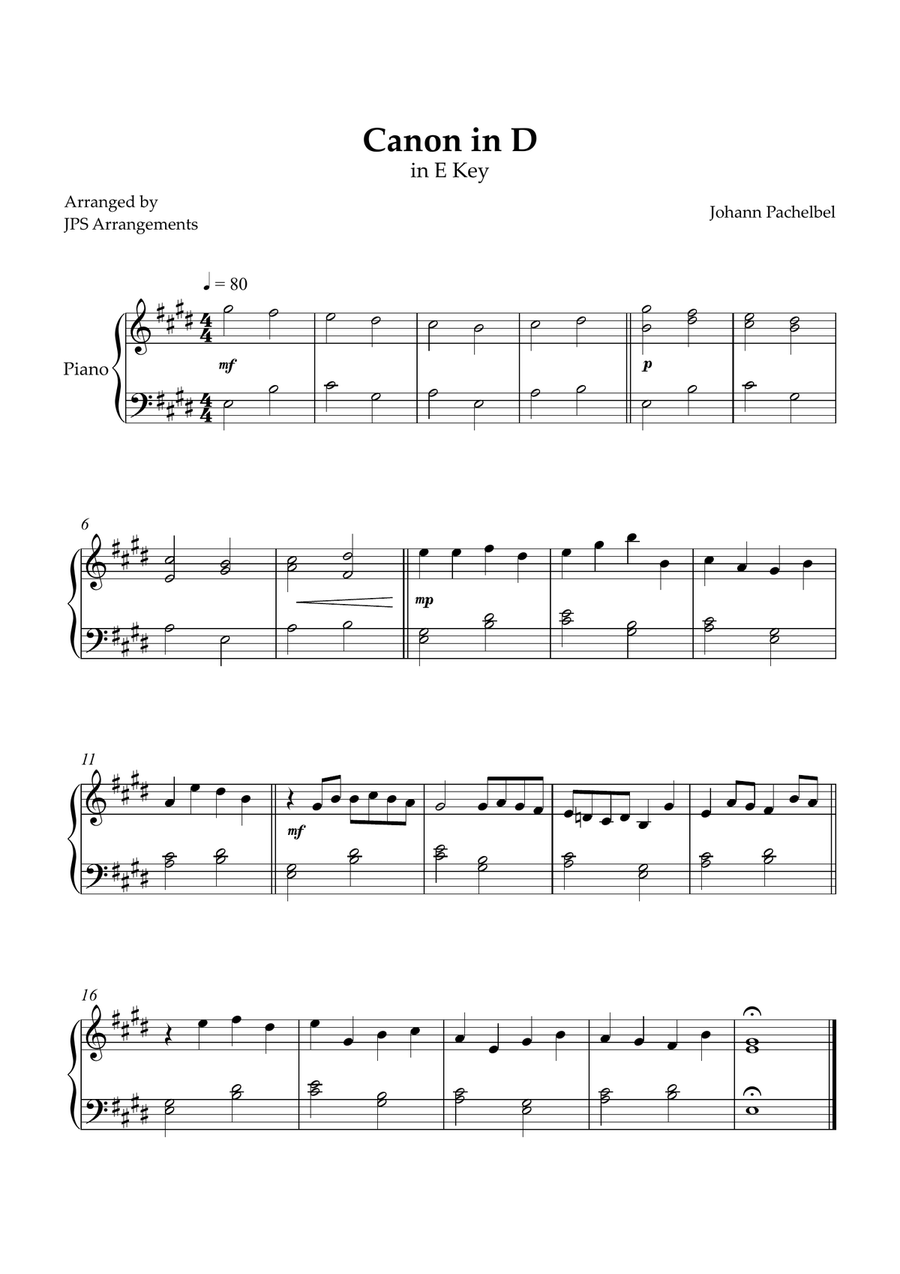 Canon in D for easy piano in E Key Easy Piano scores gallery preview page 1