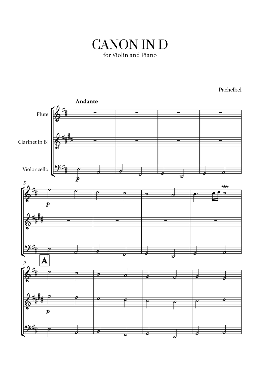 Pachelbel - Canon in D (for Flute, Clarinet and Cello) Small Ensemble scores gallery preview page 1