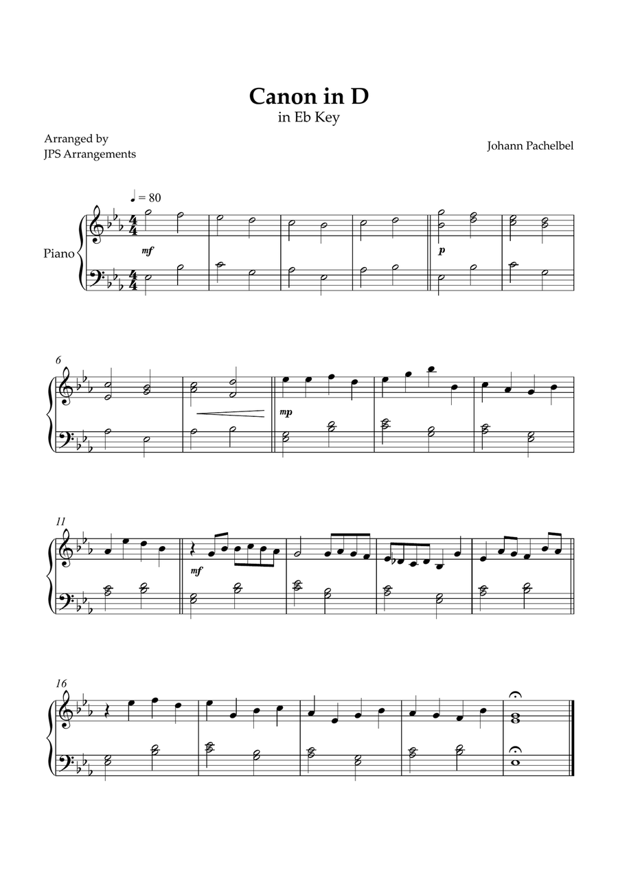 Canon in D for easy piano in Eb Key Easy Piano scores gallery preview page 1