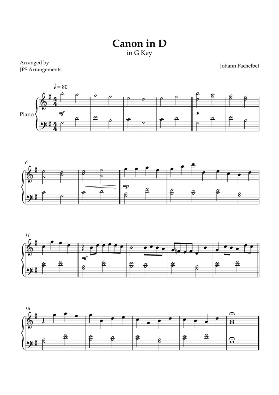Canon in D for beginner piano in G key Easy Piano scores gallery preview page 1