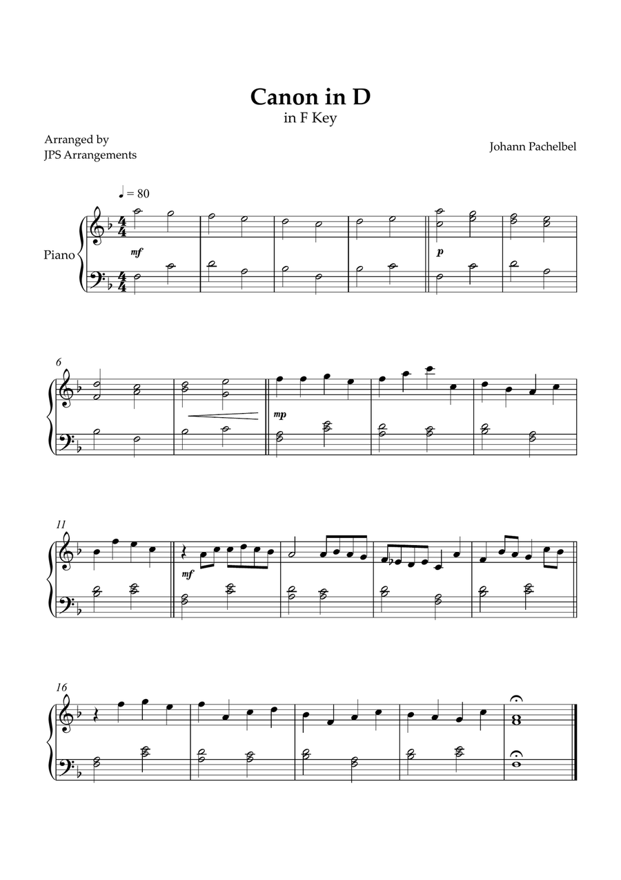 Canon in D for beginner piano in F key Easy Piano scores gallery preview page 1