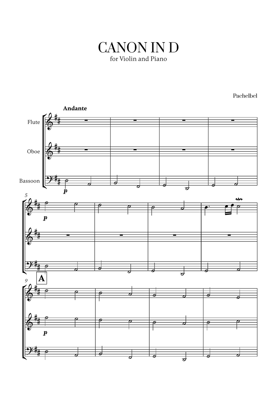 Pachelbel - Canon in D (for Flute, Oboe and Bassoon) Small Ensemble scores gallery preview page 1