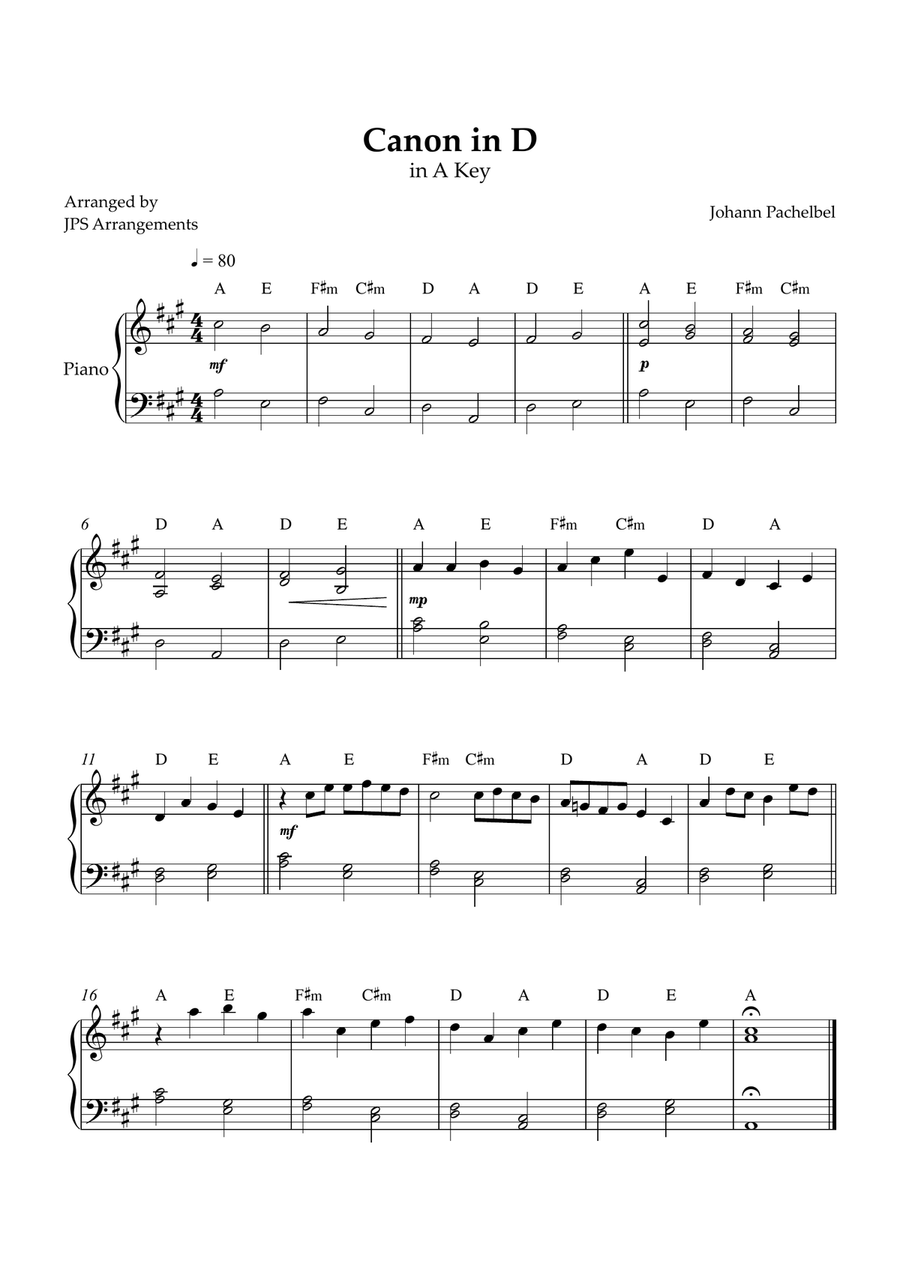 Canon in D for easy piano in A key Easy Piano scores gallery preview page 1