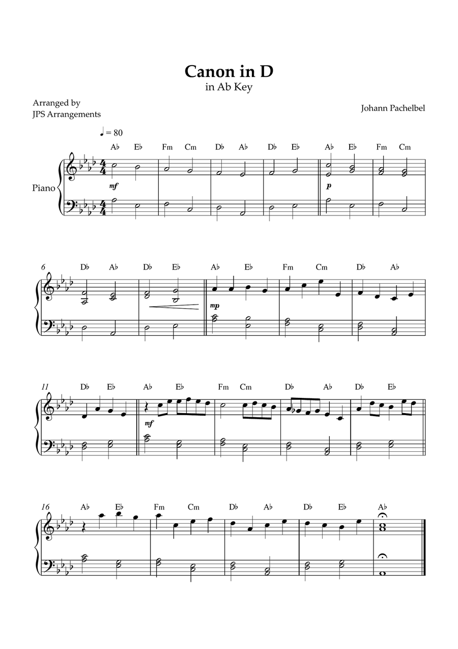 Canon in D for easy piano in Ab key Easy Piano scores gallery preview page 1