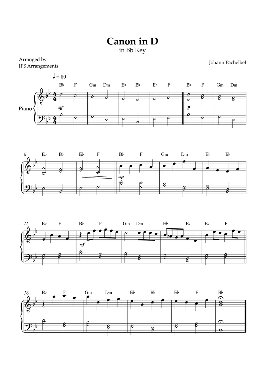 Canon in D for easy piano in Bb key Easy Piano scores gallery preview page 1