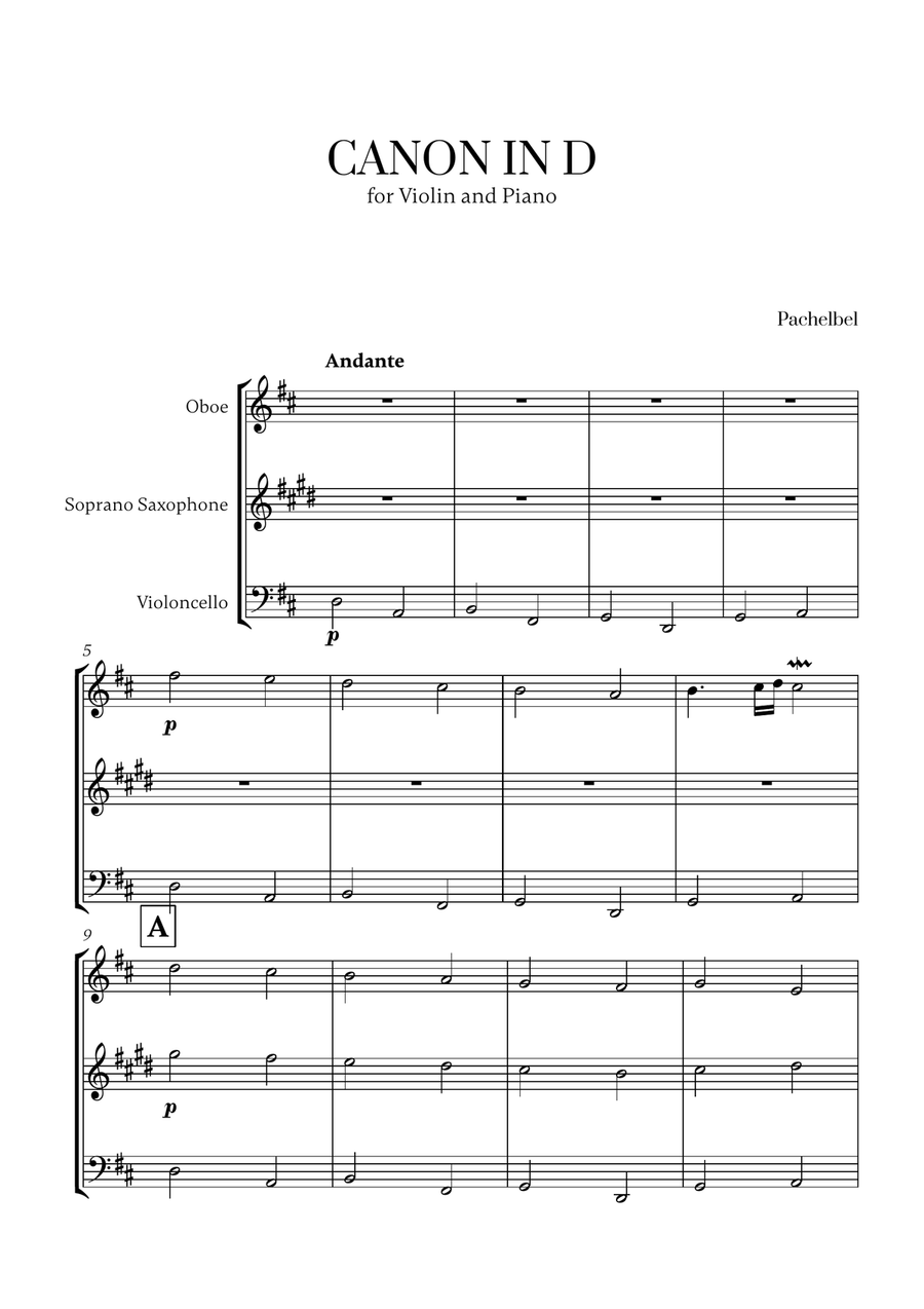Pachelbel - Canon in D (for Oboe, Soprano Saxophone and Cello) Small Ensemble scores gallery preview page 1