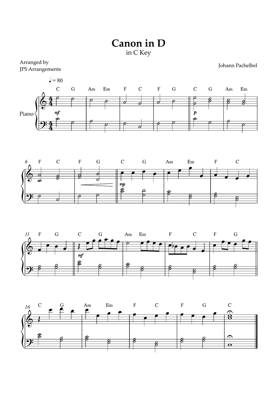 Canon in D for easy piano in C key Easy Piano scores gallery preview page 1