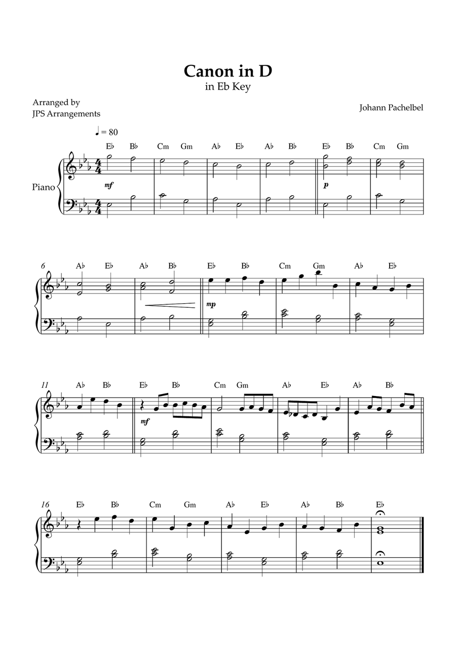 Canon in D for easy piano in Eb Key Easy Piano scores gallery preview page 1