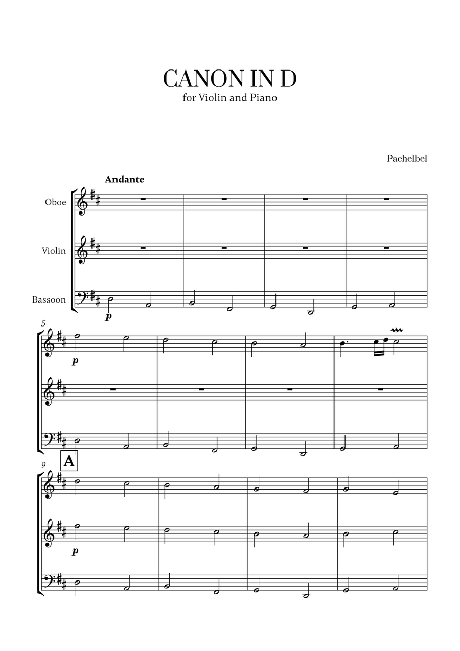 Pachelbel - Canon in D (for Oboe, Violin and Bassoon) Small Ensemble scores gallery preview page 1