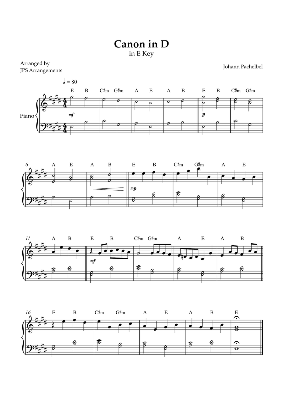 Canon in D for easy piano in E Key Easy Piano scores gallery preview page 1