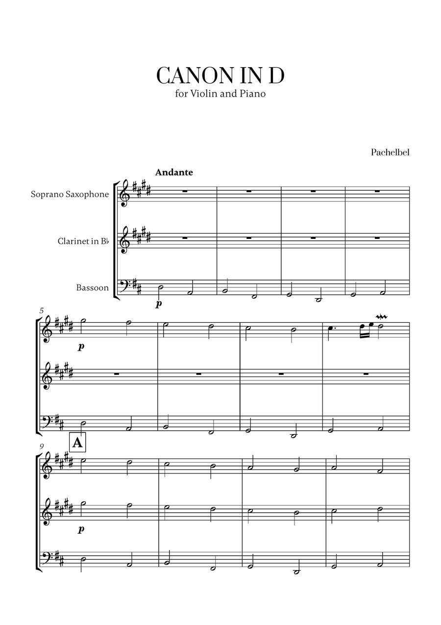Pachelbel - Canon in D (for Soprano Saxophone, Clarinet and Bassoon) Small Ensemble scores gallery preview page 1