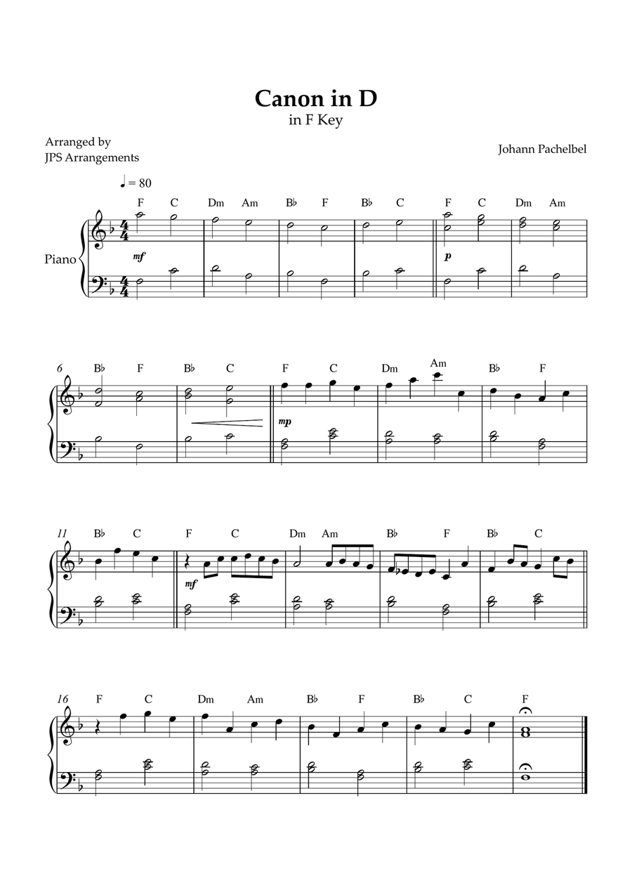 Canon in D for easy piano in F Key Easy Piano scores gallery preview page 1
