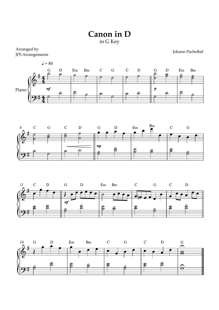 Canon in D for beginner piano in G key Easy Piano scores gallery preview page 1
