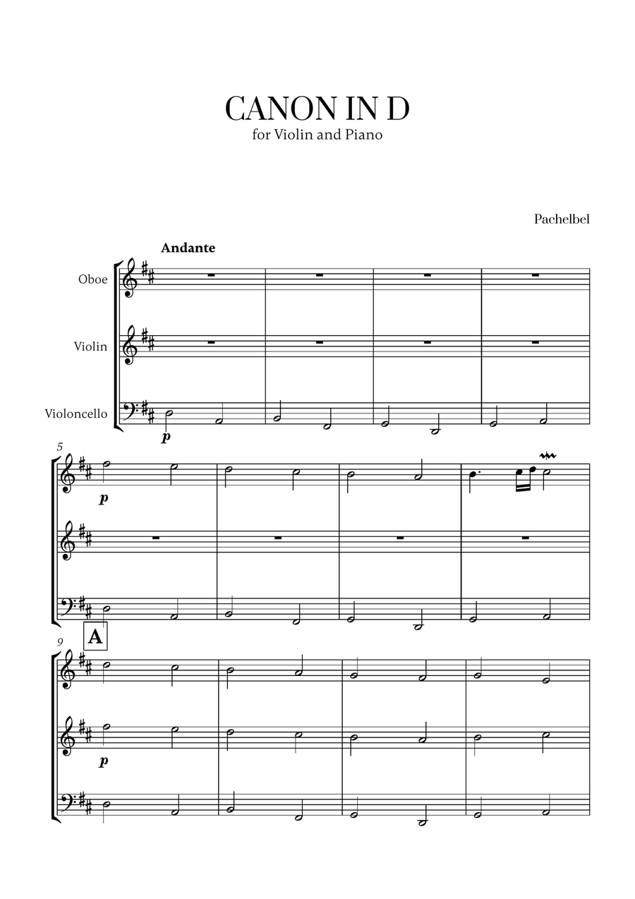 Pachelbel - Canon in D (for Oboe, Violin and Cello) Small Ensemble scores gallery preview page 1