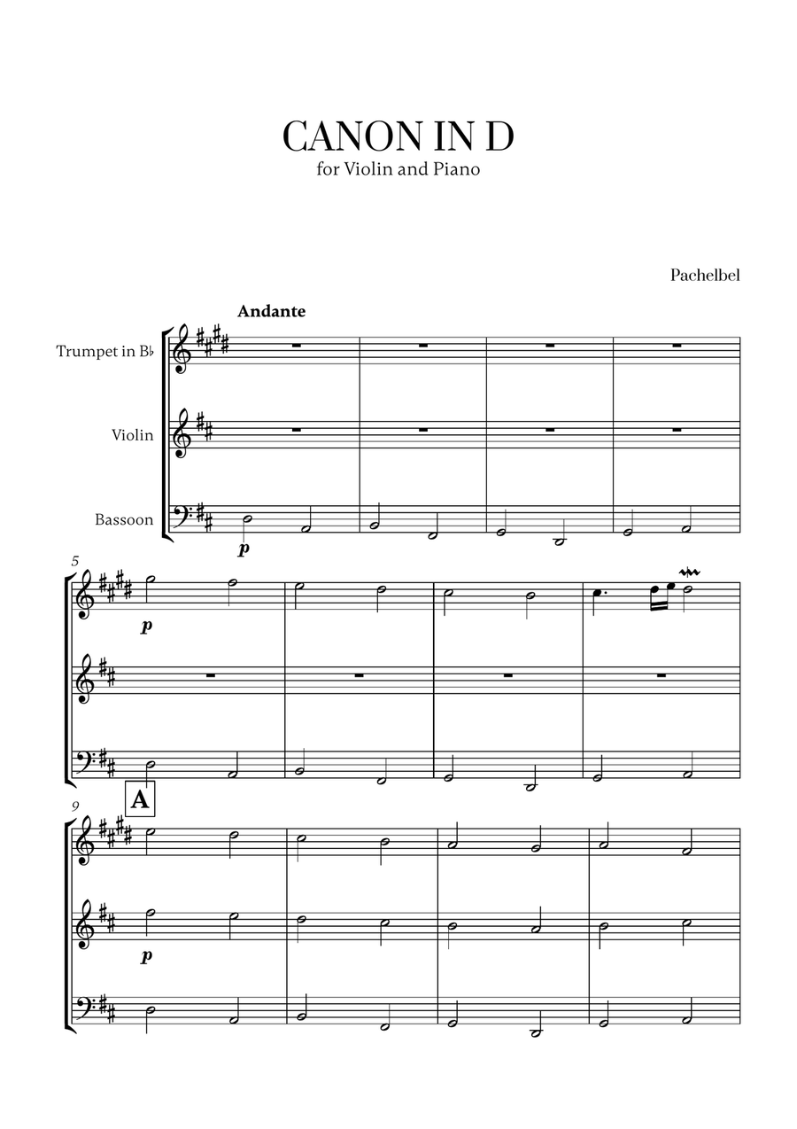 Pachelbel - Canon in D (for Trumpet, Violin and Bassoon) Small Ensemble scores gallery preview page 1