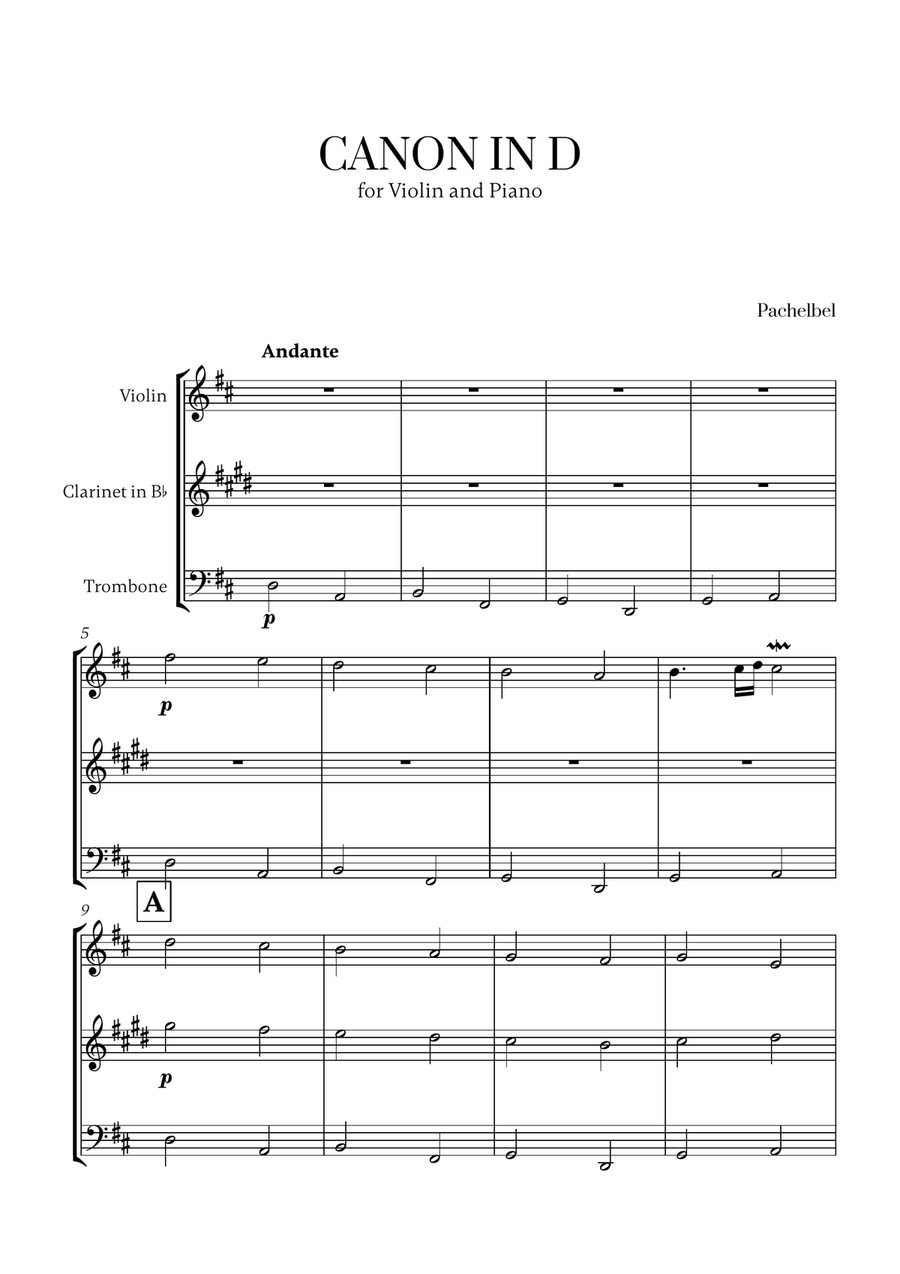 Pachelbel - Canon in D (for Violin, Clarinet and Trombone) Small Ensemble scores gallery preview page 1