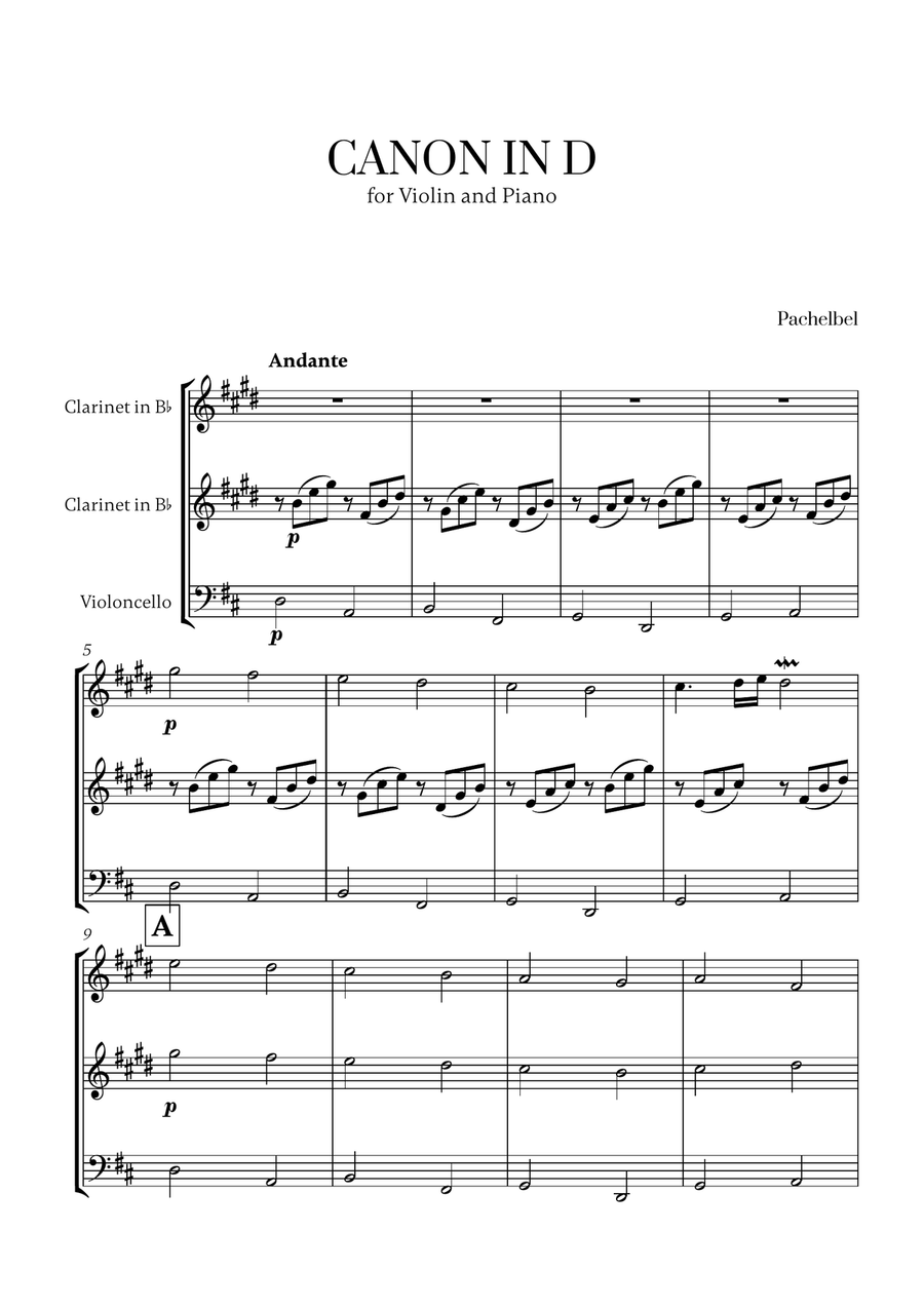 Pachelbel - Canon in D 2 (for 2 Clarinets and Cello) Small Ensemble scores gallery preview page 1