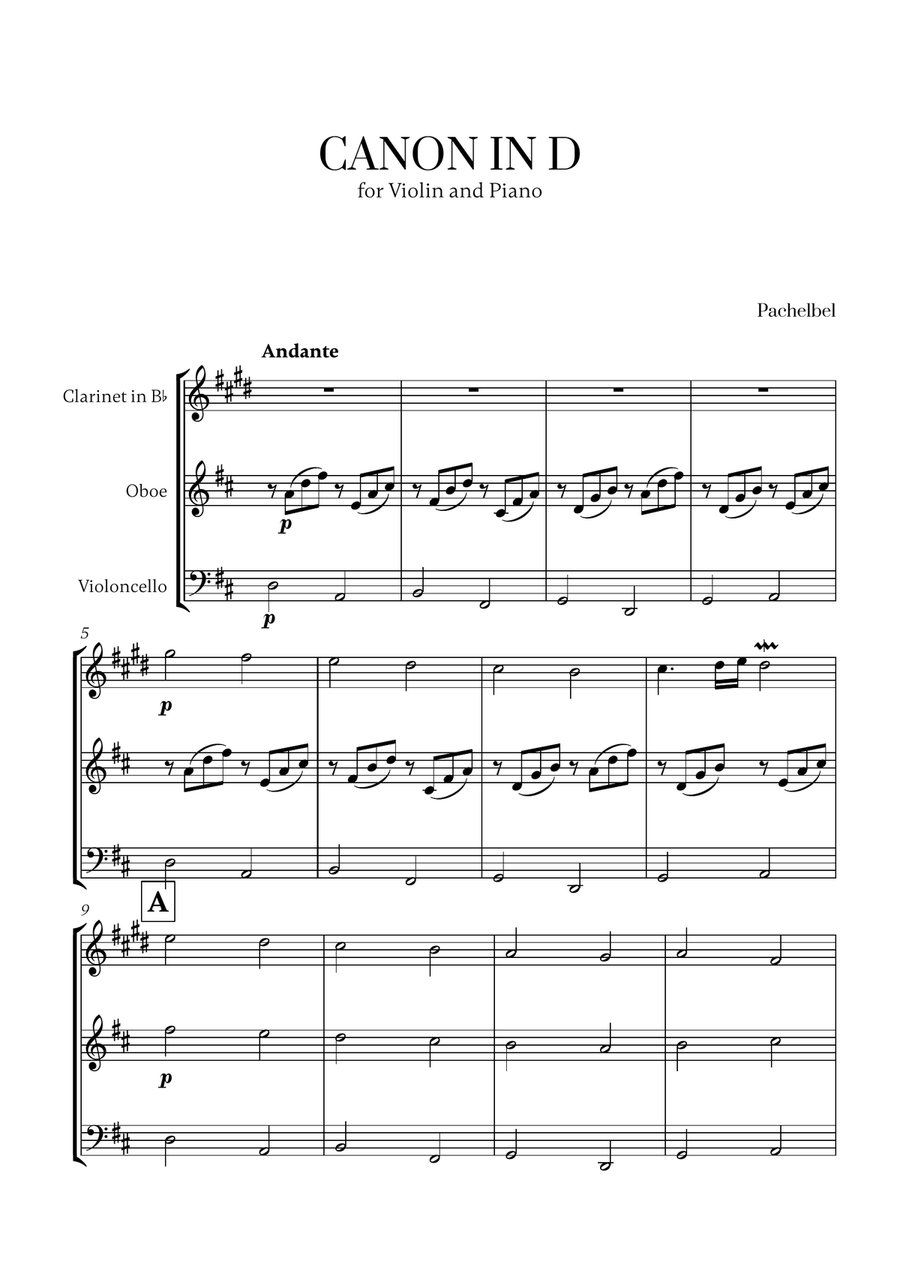 Pachelbel - Canon in D 2 (for Clarinet, Oboe and Cello) Small Ensemble scores gallery preview page 1