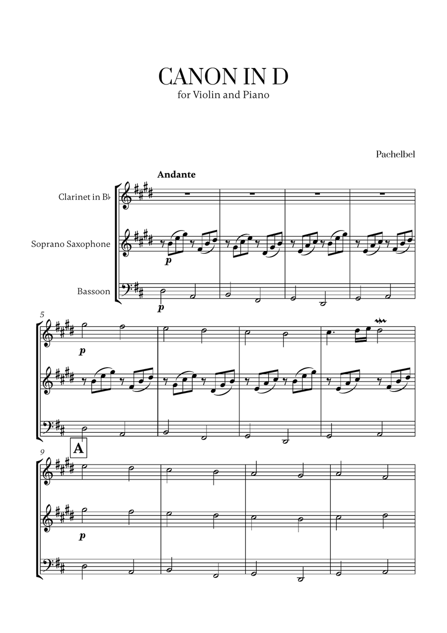 Pachelbel - Canon in D 2 (for Clarinet, Soprano Saxophone and Bassoon) Small Ensemble scores gallery preview page 1