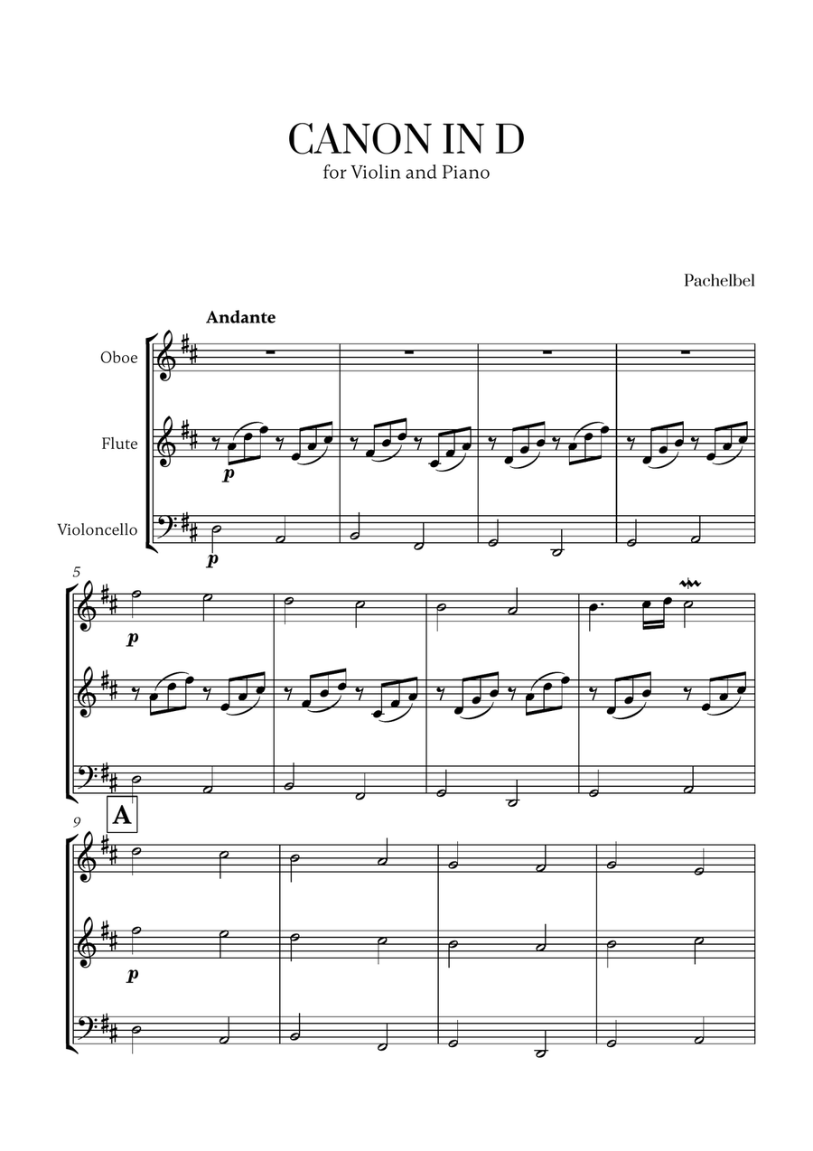 Pachelbel - Canon in D 2 (for Oboe, Flute and Cello) Small Ensemble scores gallery preview page 1