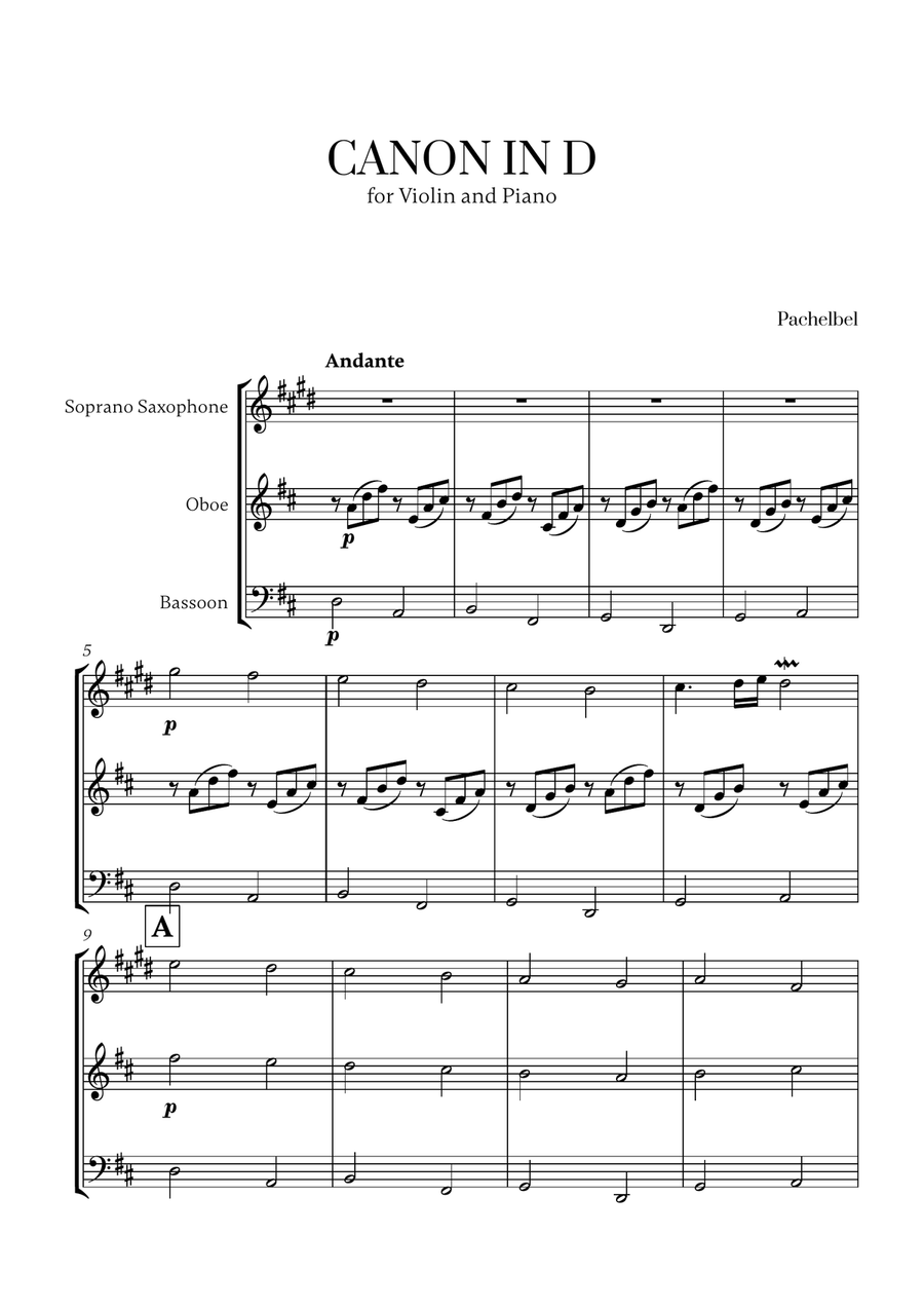 Pachelbel - Canon in D 2 (for Soprano Saxophone, Oboe and Bassoon) Small Ensemble scores gallery preview page 1