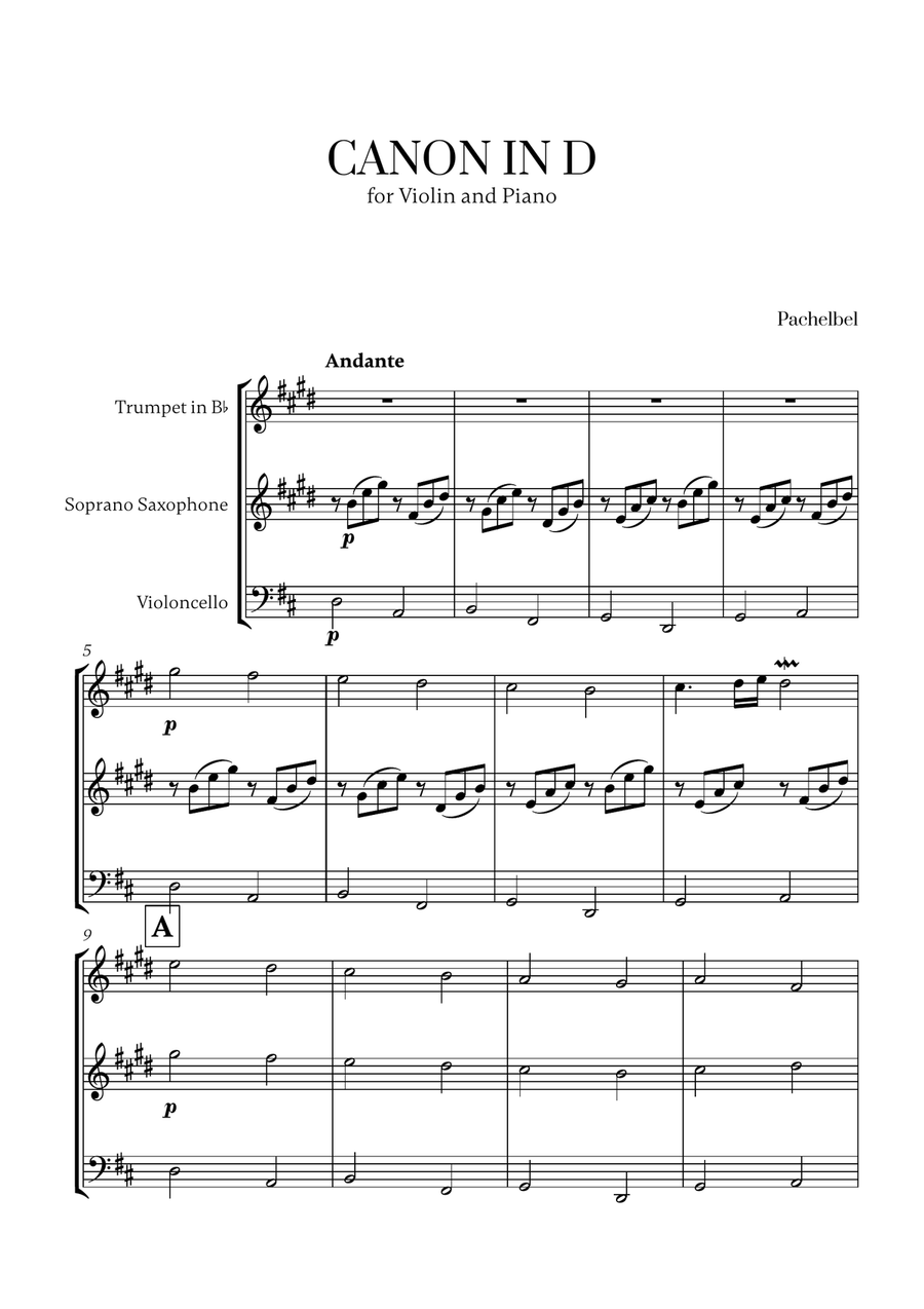 Pachelbel - Canon in D 2 (for Trumpet, Soprano Saxophone and Cello) Small Ensemble scores gallery preview page 1