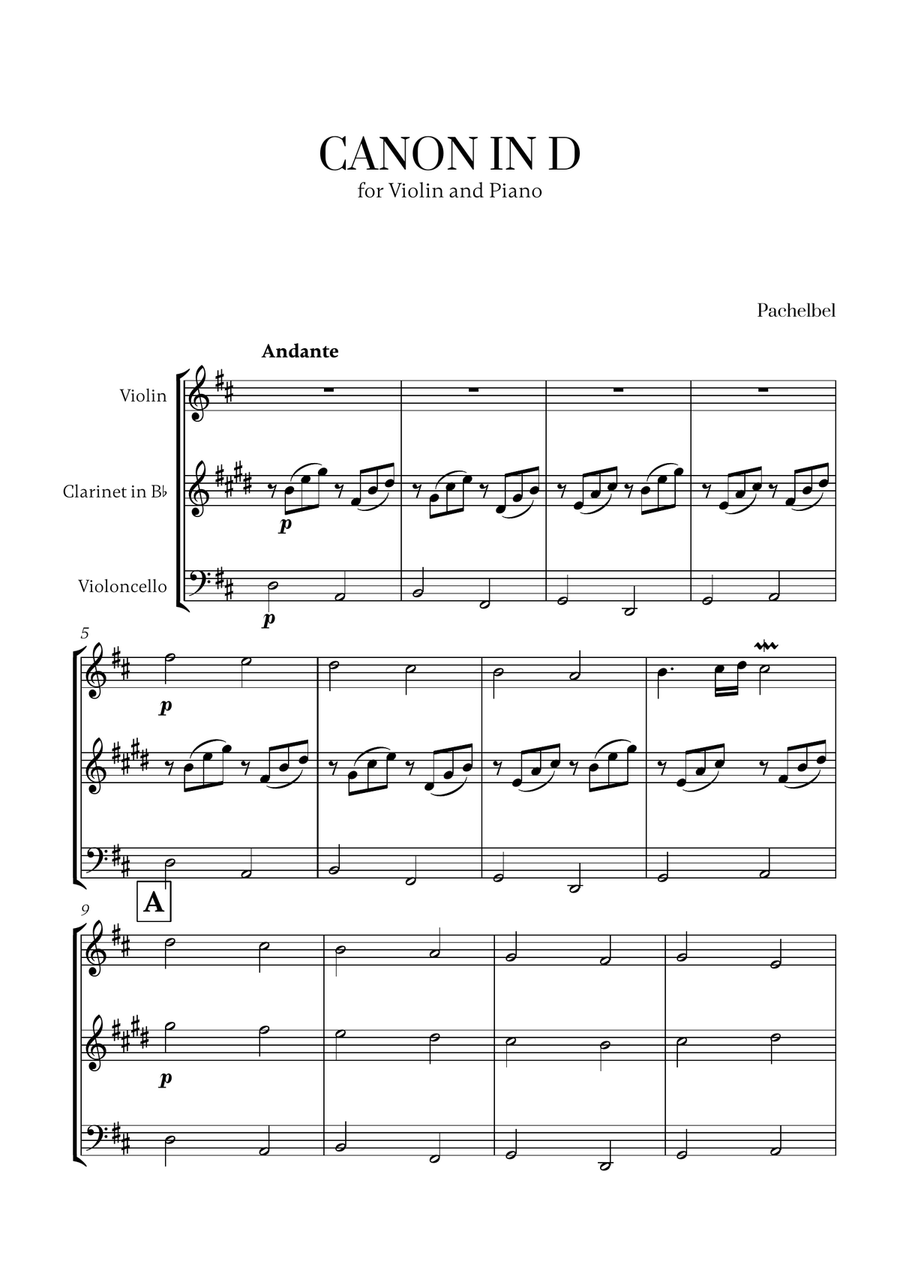 Pachelbel - Canon in D 2 (for Violin, Clarinet and Cello) Small Ensemble scores gallery preview page 1