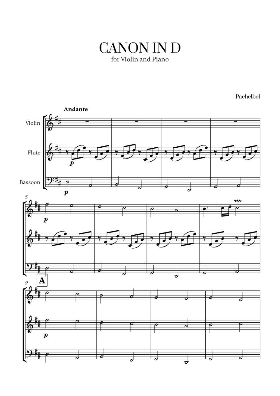 Pachelbel - Canon in D 2 (for Violin, Flute and Bassoon) Small Ensemble scores gallery preview page 1