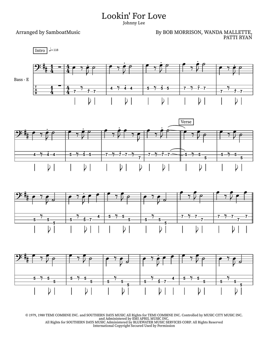 Lookin' For Love Lookin' For Love Bass Guitar scores gallery preview page 1