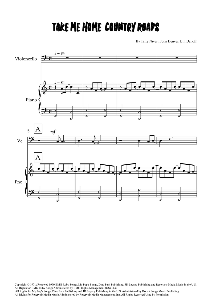Take Me Home, Country Roads Piano scores gallery preview page 1