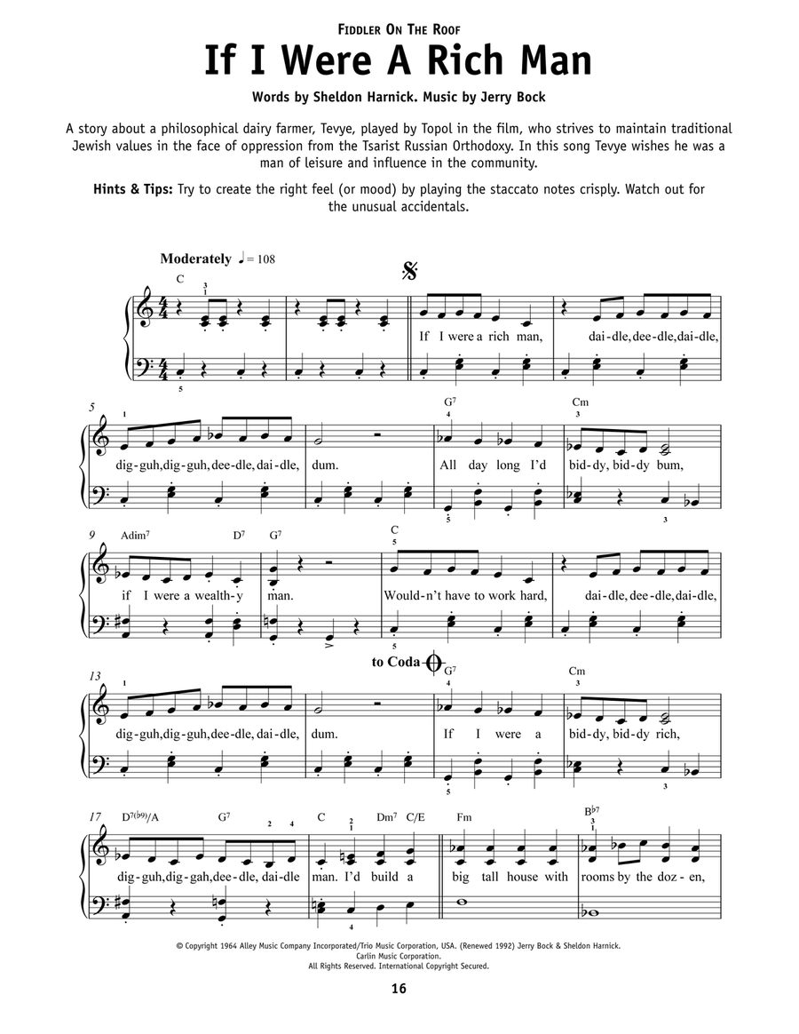 If I Were A Rich Man (from Fiddler On The Roof) Easy Piano scores gallery preview page 1