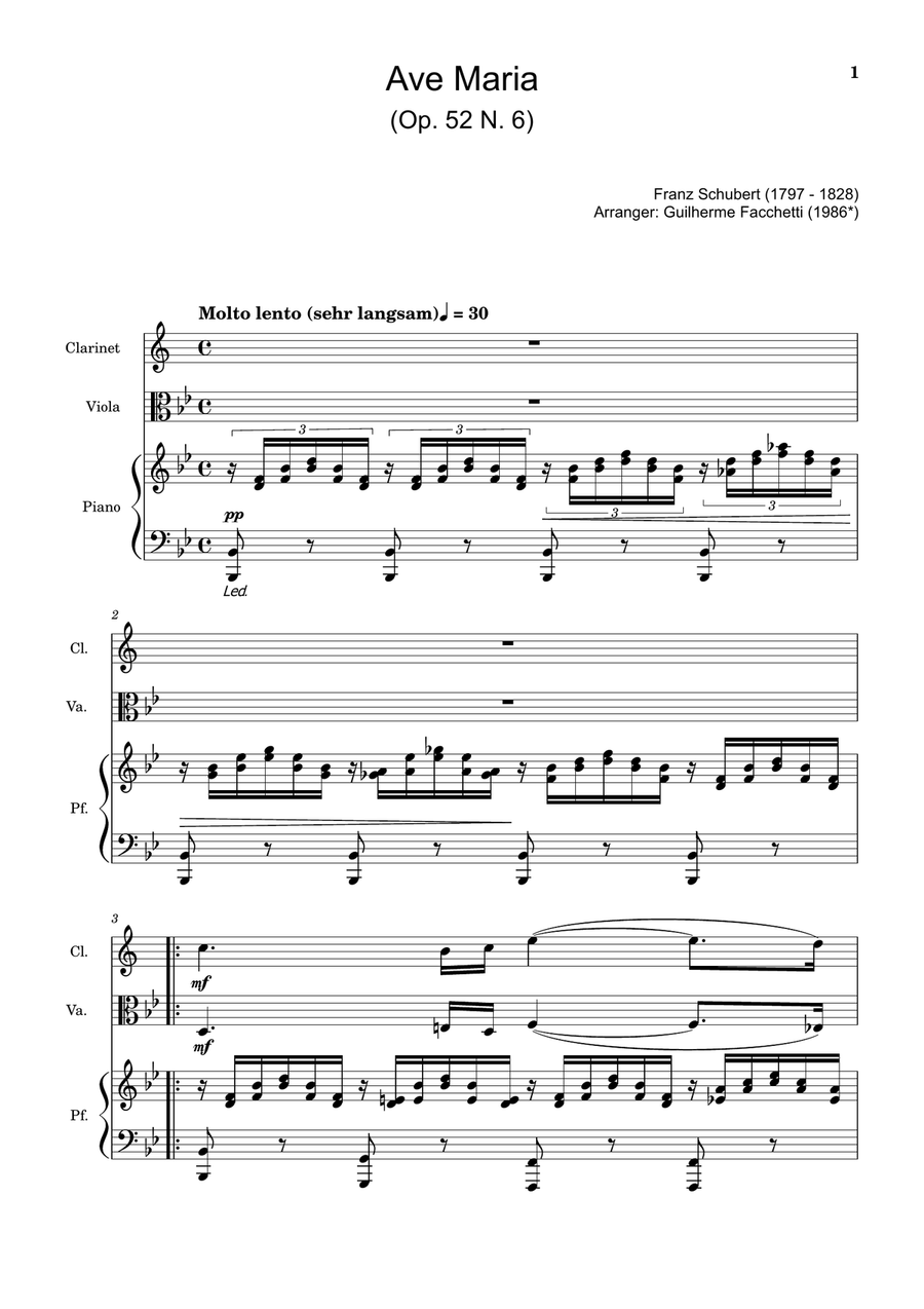 Ave Maria by F. Schubert – Clarinet, Viola and Piano. Score and Parts Small Ensemble scores gallery preview page 1