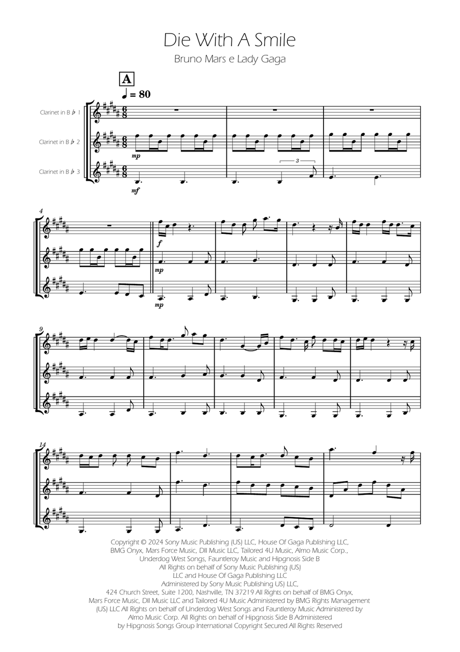 Die With A Smile Clarinet Trio scores gallery preview page 1