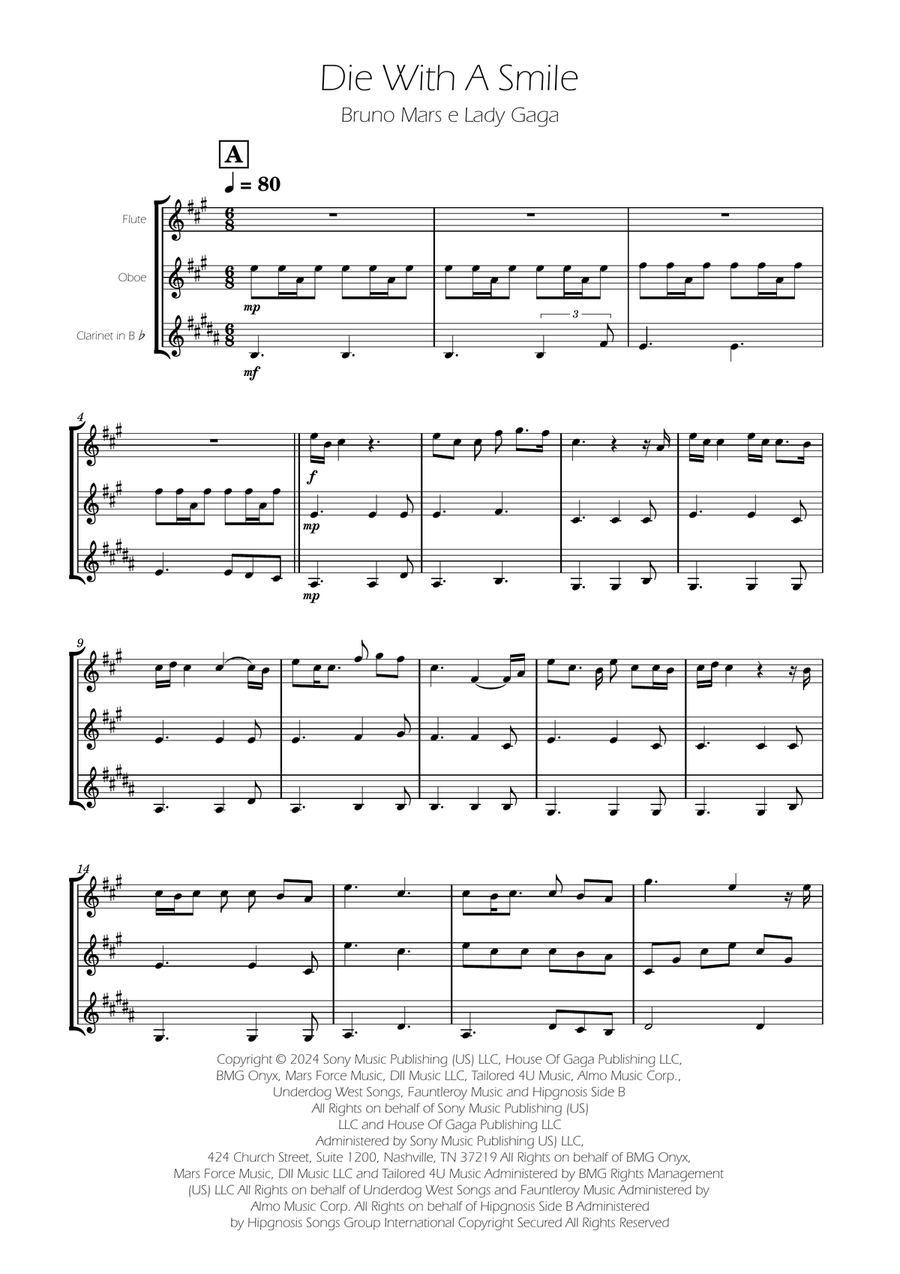 Die With A Smile Woodwind Trio scores gallery preview page 1