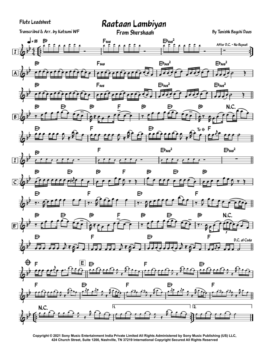 Raataan Lambiyan Raataan Lambiyan Flute Solo scores gallery preview page 1