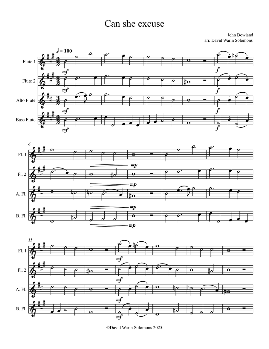 Can she excuse my wrongs (John Dowland) arranged for flute quartet Flute Quartet scores gallery preview page 1