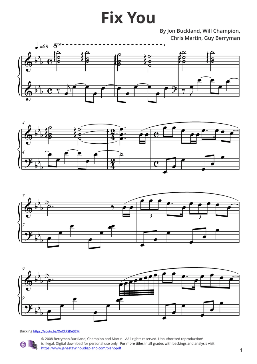 Fix You Piano Solo scores gallery preview page 1