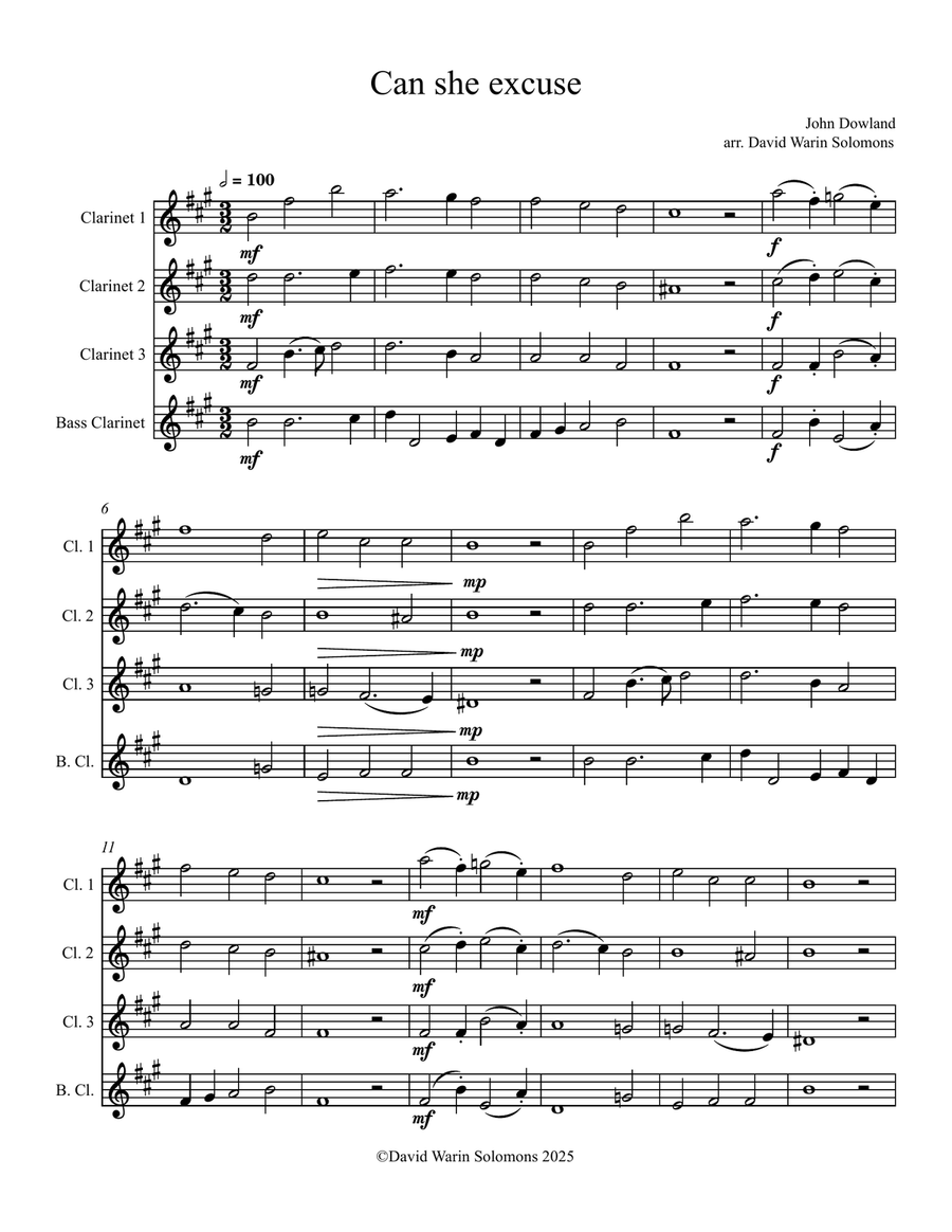 Can she excuse my wrongs (John Dowland) arranged for clarinet quartet Clarinet Quartet scores gallery preview page 1