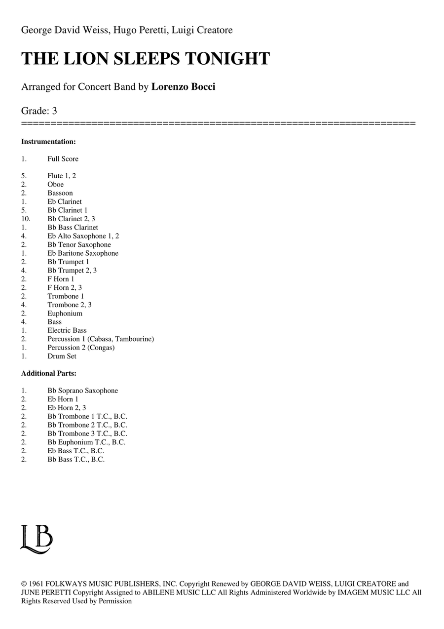 The Lion Sleeps Tonight Concert Band scores gallery preview page 2