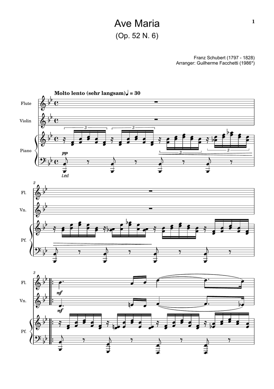 Ave Maria by F. Schubert – For Flute, Violin and Piano. Score and Parts Small Ensemble scores gallery preview page 1