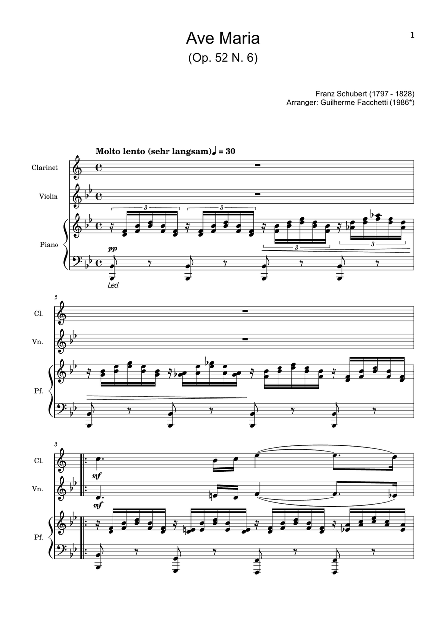 Ave Maria by F. Schubert – Clarinet, Violin and Piano. Score and Parts Small Ensemble scores gallery preview page 1