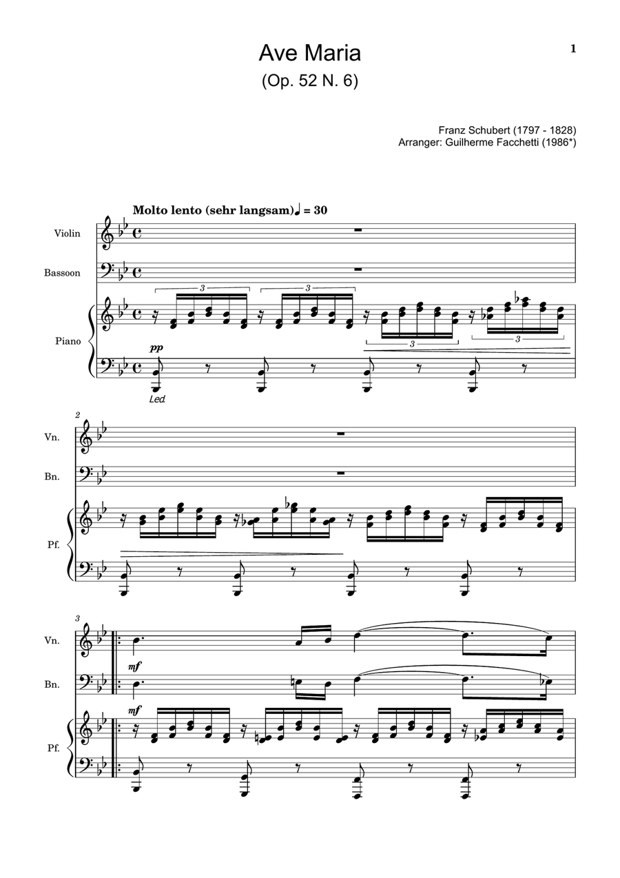Ave Maria by F. Schubert – Violin, Bassoon and Piano. Score and Parts Small Ensemble scores gallery preview page 1