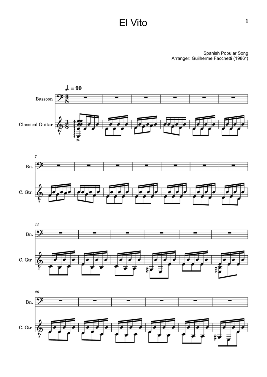 Spanish Popular Song - El Vito. Arranged for Bassoon and Classical Guitar Chamber Music scores gallery preview page 1