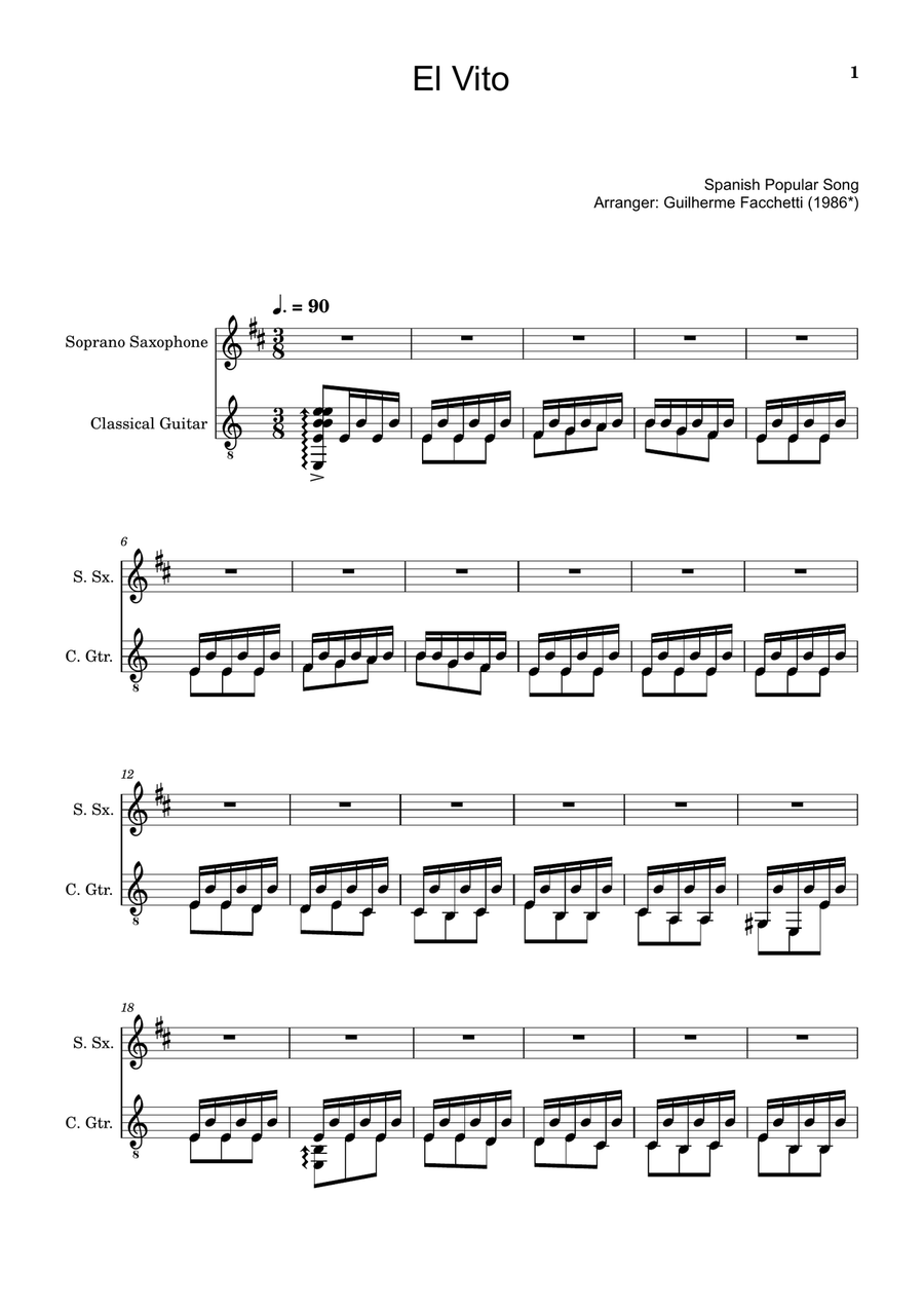Spanish Popular Song - El Vito. Arranged for S. Sax and Classical Guitar Chamber Music scores gallery preview page 1