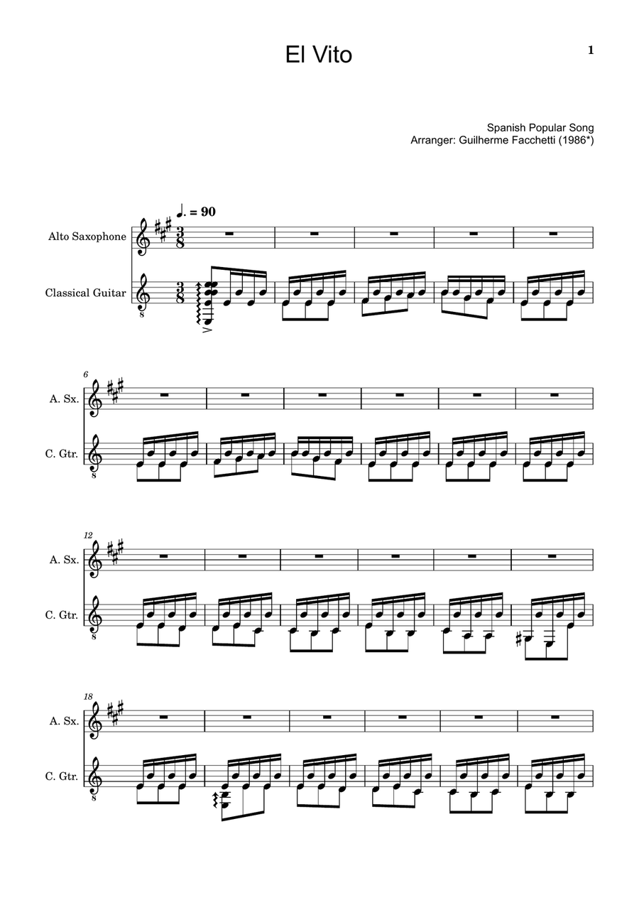 Spanish Popular Song - El Vito. Arranged for A. Sax and Classical Guitar Chamber Music scores gallery preview page 1