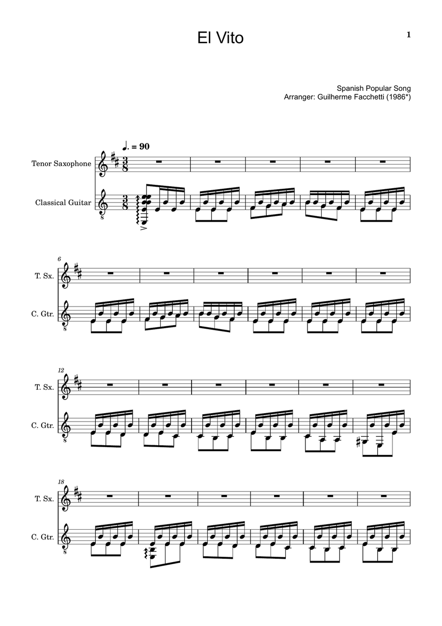 Spanish Popular Song - El Vito. Arranged for T. Sax and Classical Guitar Chamber Music scores gallery preview page 1