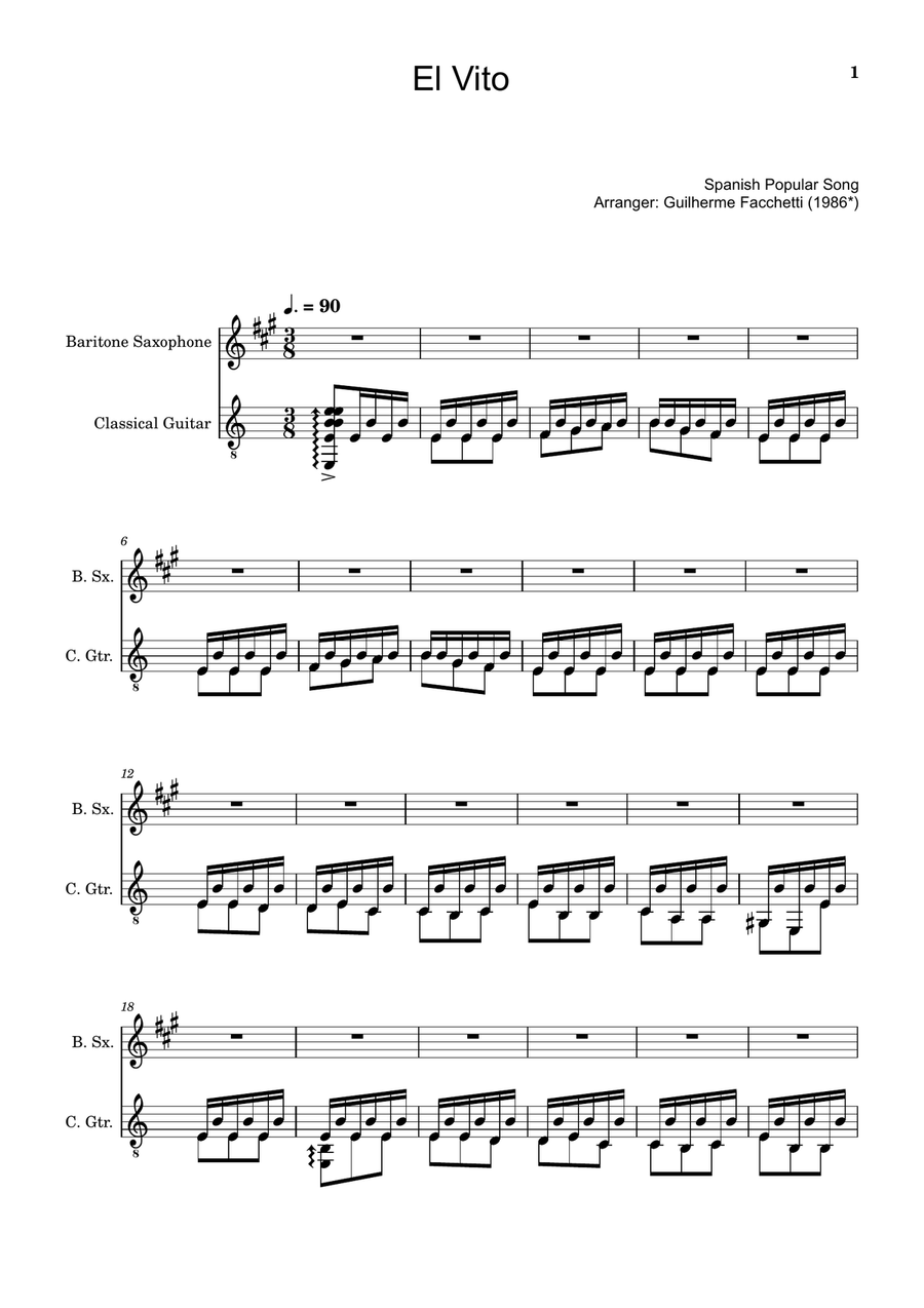 Spanish Popular Song - El Vito. Arranged for B. Sax and Classical Guitar Chamber Music scores gallery preview page 1