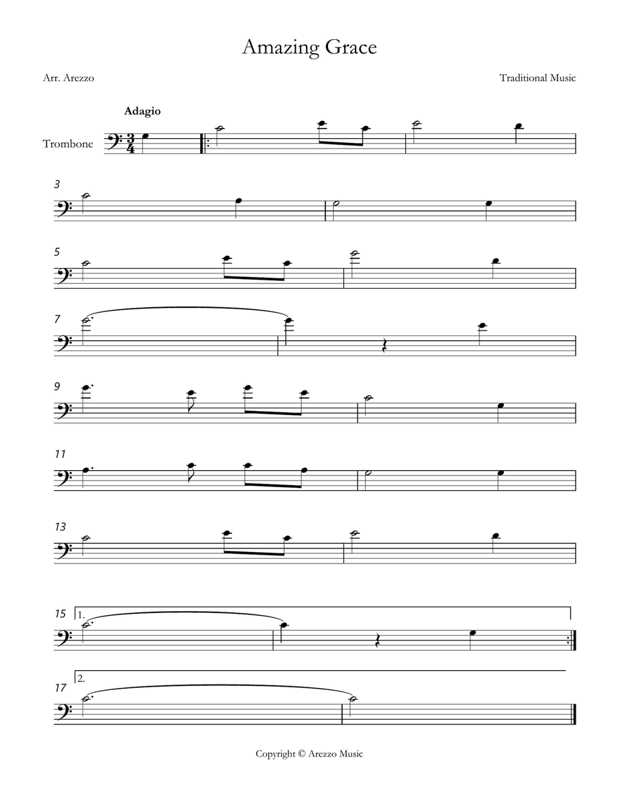john newton amazing grace Trombone lead sheet in C major Trombone Solo scores gallery preview page 1