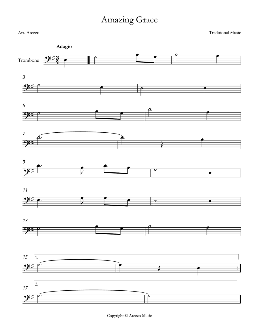 john newton amazing grace Trombone lead sheet in G major Trombone Solo scores gallery preview page 1