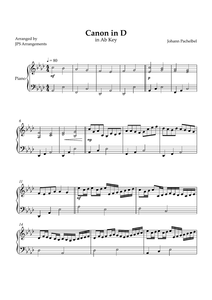Canon in D for easy intermediate piano in Ab key Easy Piano scores gallery preview page 1
